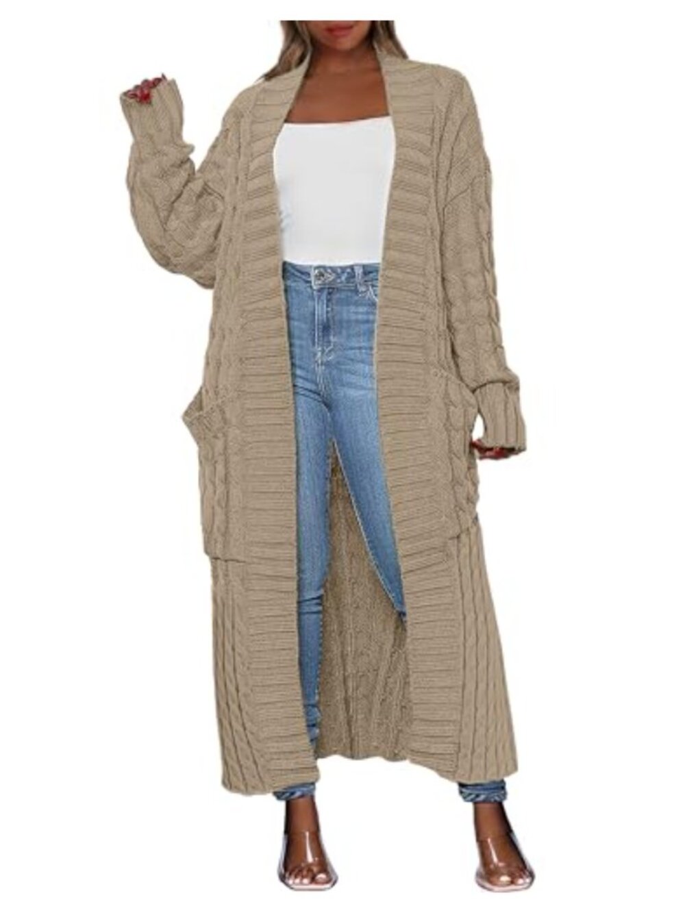 Cable Knit Long Cardigan Open Front Maxi Sweater Coat Long Sleeve